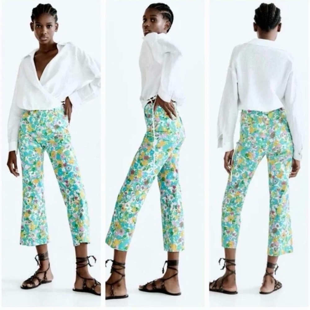 Zara Floral Cropped Straight-Leg Pants - White/Teal/Yellow